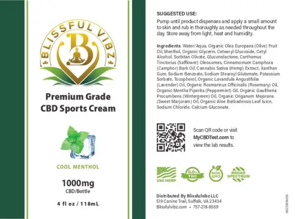 1000mg CBD Sports Cream with Menthol - Image 2